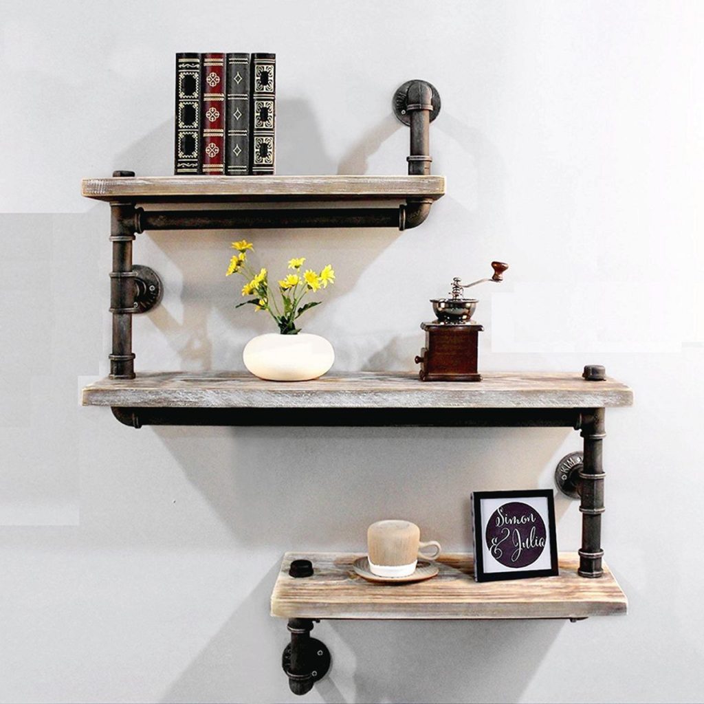 Industiral Shelving For Bathroom Made With Pipe And Rustic Wood