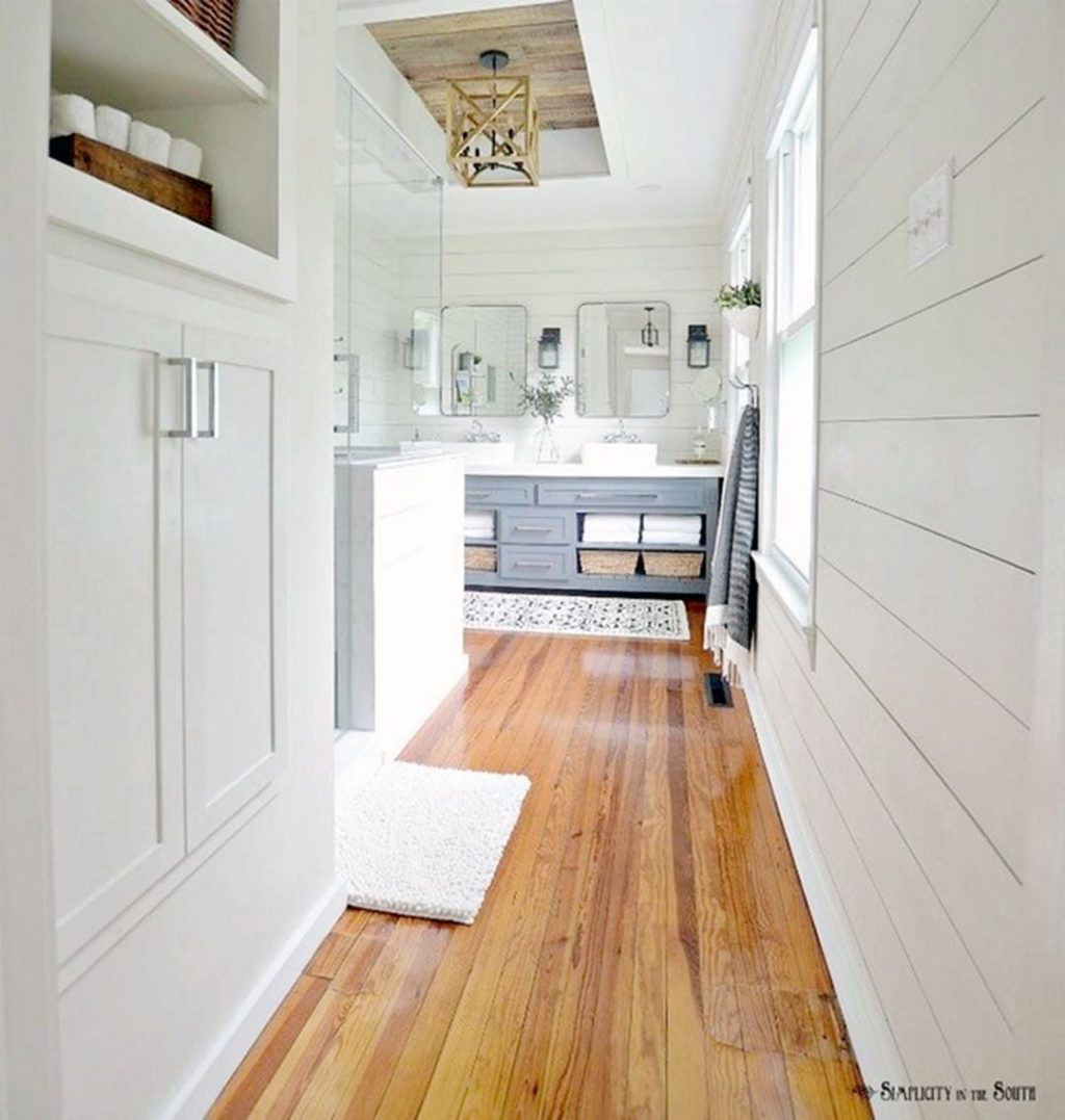 Modern Farmhouse Master Bathroom Remodel With Wooden Floor And Long Entryway
