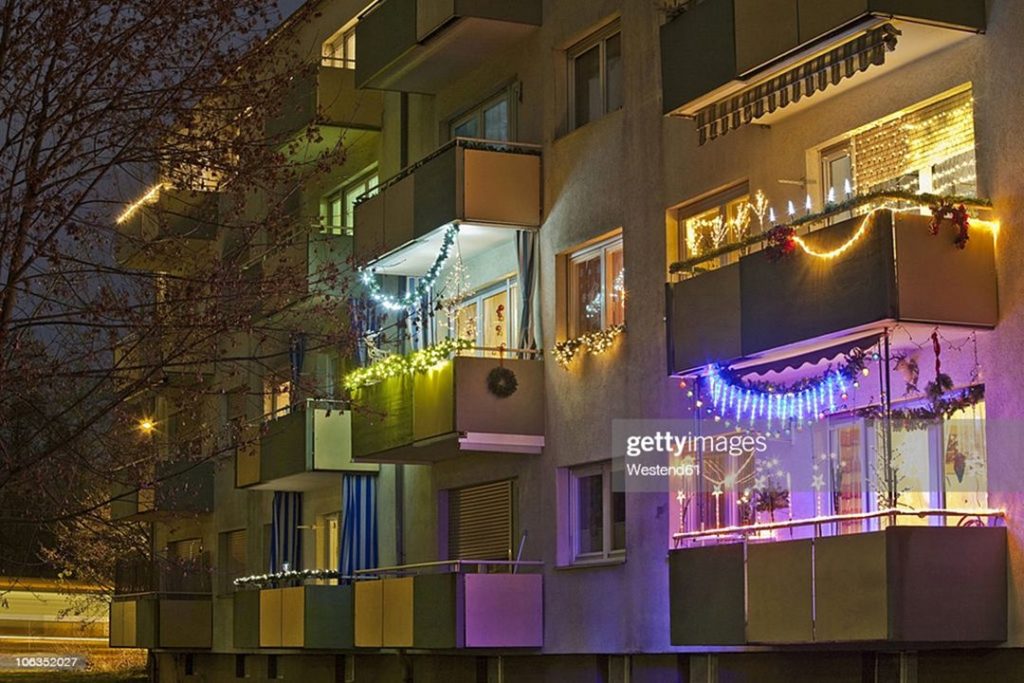 Germany Stuttgart Apartment Balcony Decorated With Lights via Getty Images