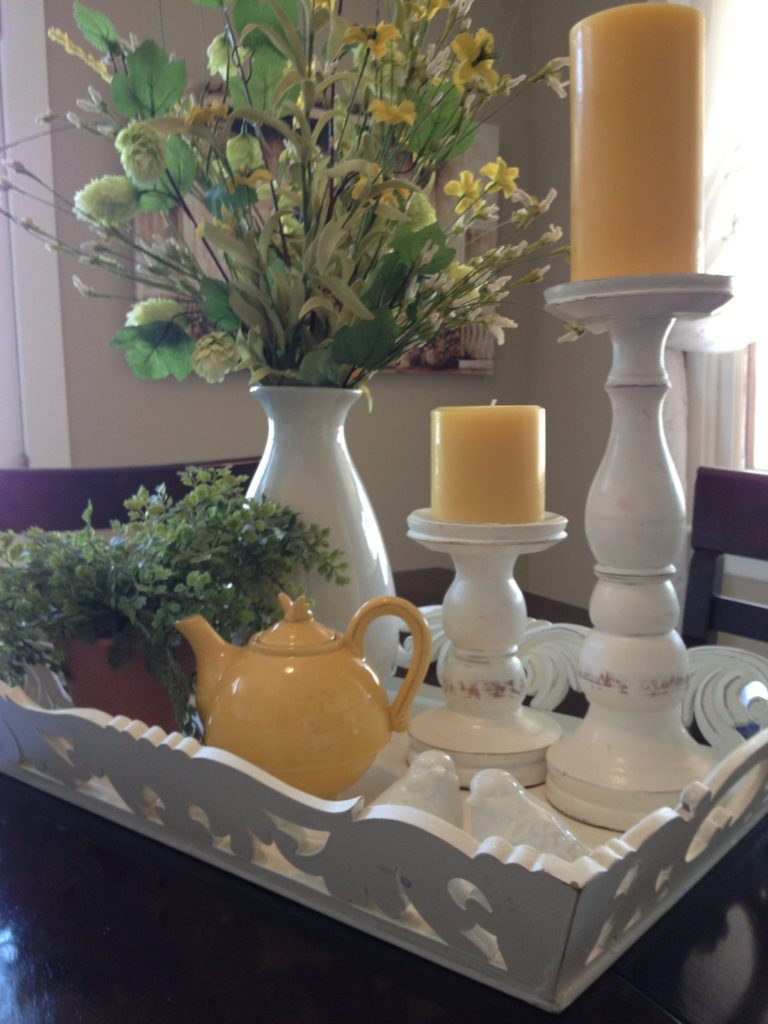 Pretty spring centerpiece built on a serving tray