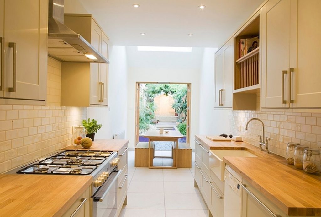 Small Rectangular Kitchen look bigger via Very Cozy Home