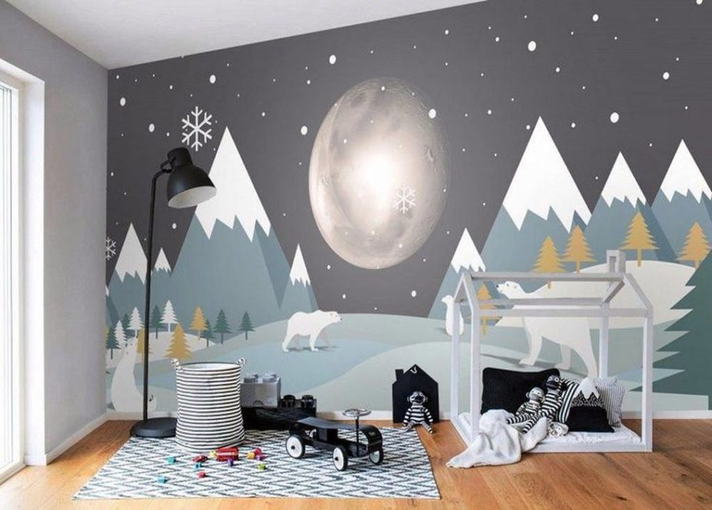 Kids Mountainscape with Cute Bears and Nightscape