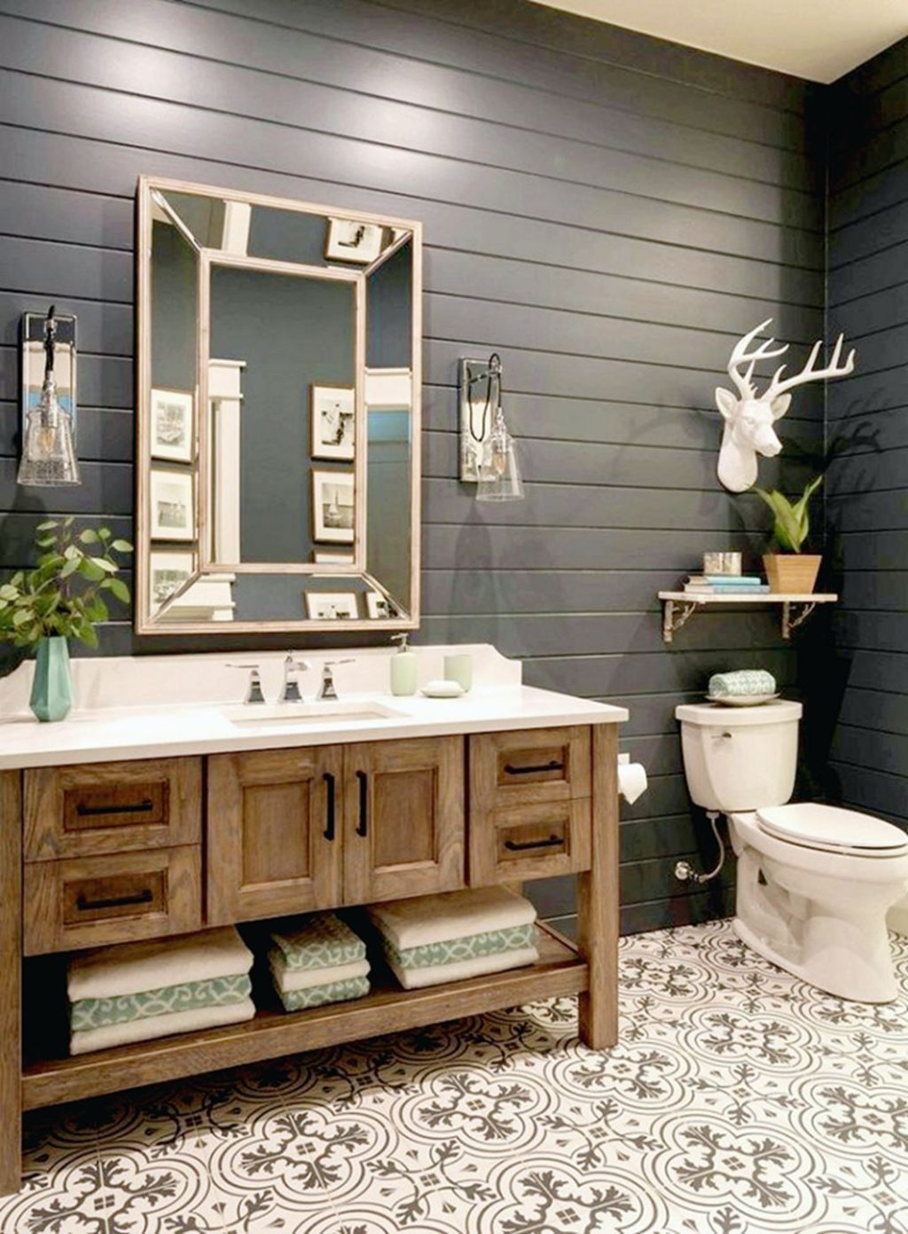 Modern Farmhouse Bathroom With Rustic Vanity And Unique Decoration
