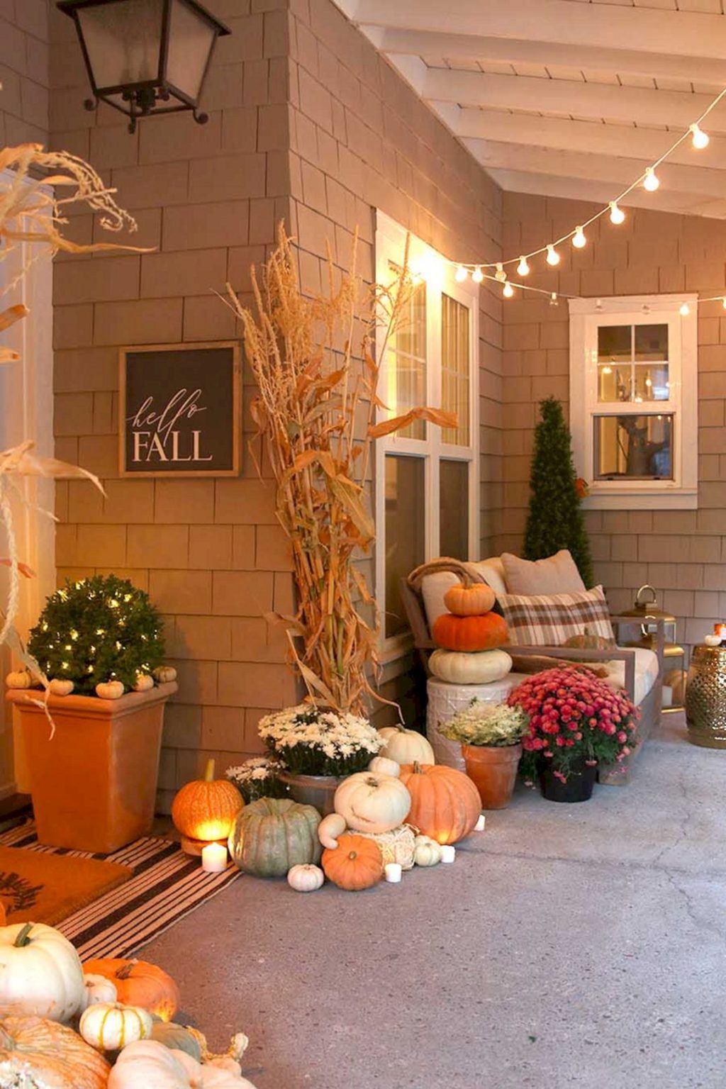 Neutral Fall Porch Decor with Pumpkins and Cornstalks