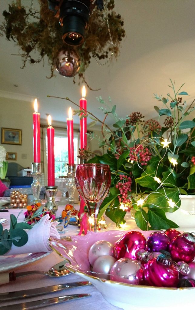 Christmas table decorations with pink