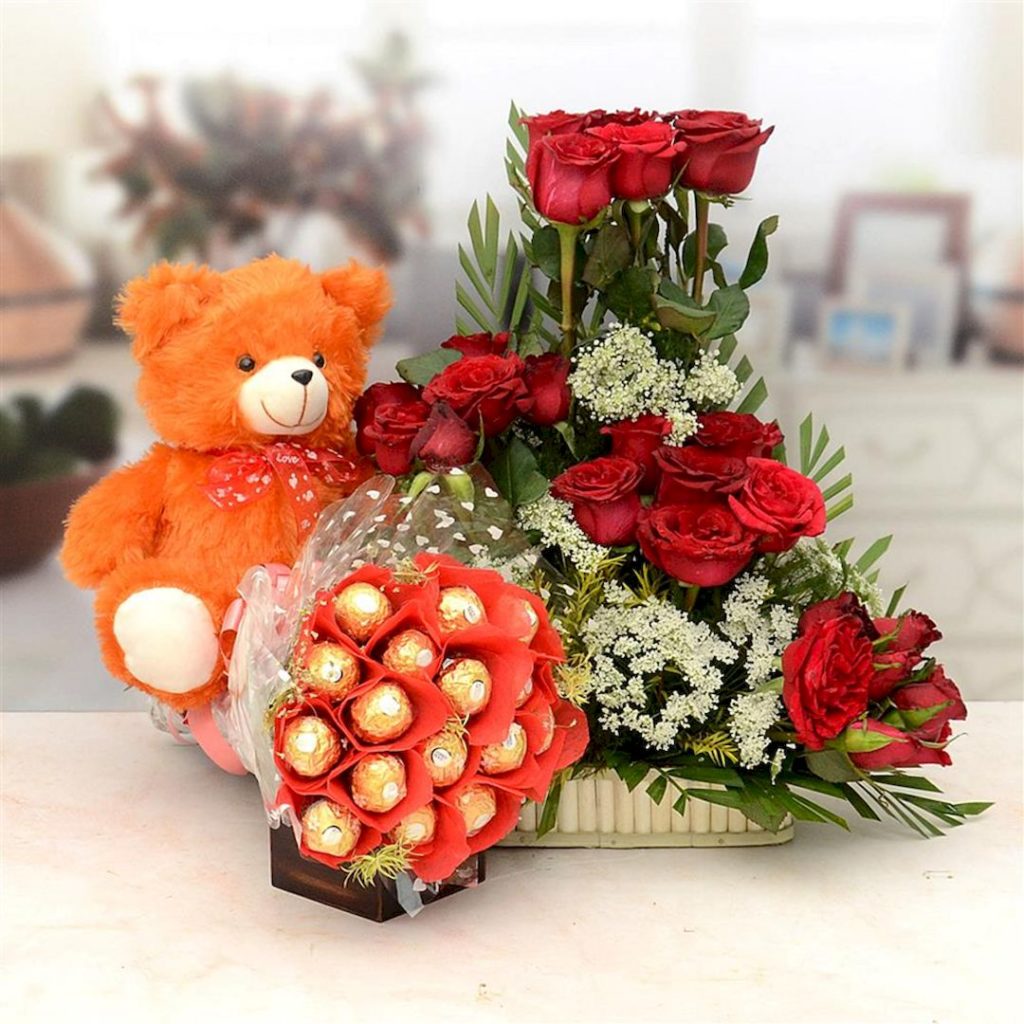 Teddy With Chocolate Bouquet & Red Rose Basket Flower Hampers 